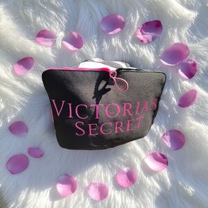 Victoria's Secret Black & White Striped Overnight Travel Bag with Pink Accents